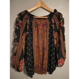 Desigual Blouse Womens XS Black Multicolor Boho Peasant Cutout Sleeves 19WWBW23